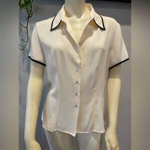 Pristine vintage 100% silk Cream Blouse with navy blue trim size 8